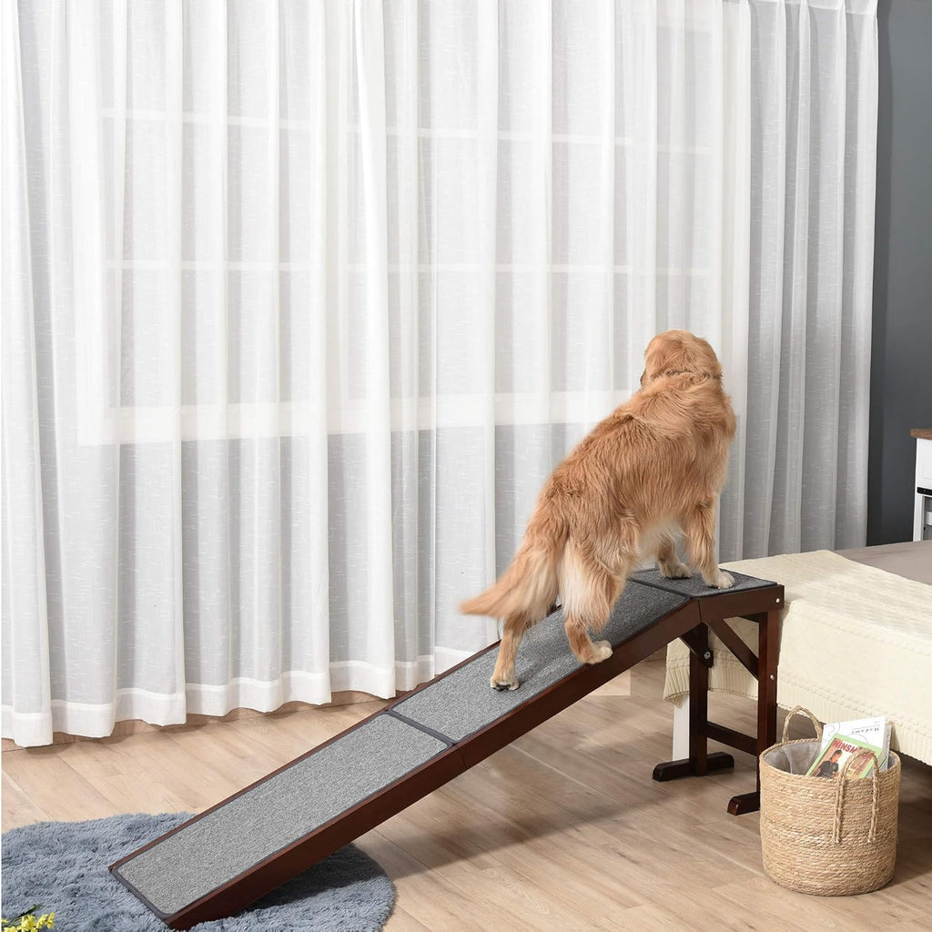 Non-Slip Carpet Top Pine Wood Pet Ramp, Brown Grey G7234