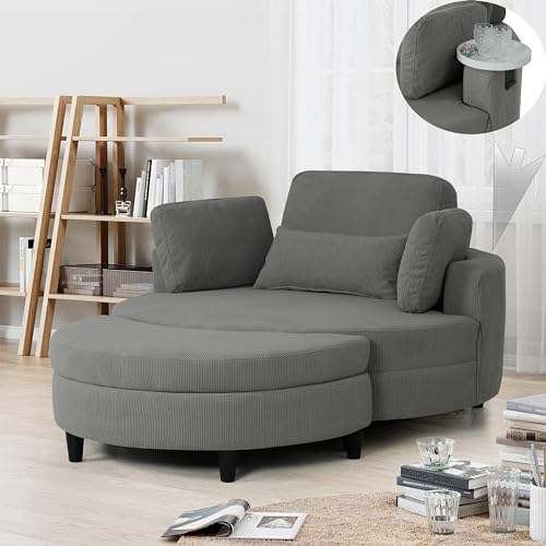 Oversized Corduroy Accent Barrel Chair with Adjustable Headrest, 4 Pillows, Storage Ottoman & Removable Tray U109