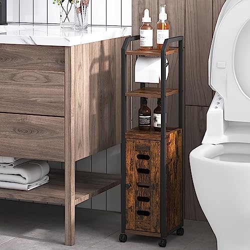 Black Bathroom Storage Cabinet with 4 Wheels and Adjustable Shelf W35497