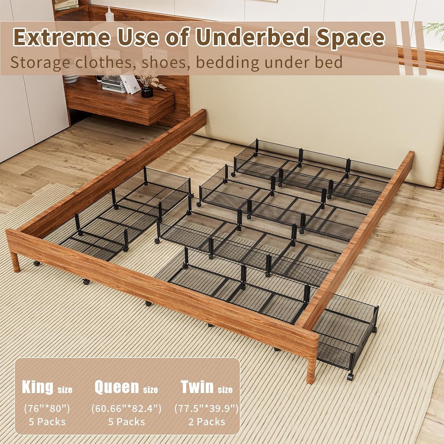 Under Bed Storage on Wheels, Large Capacity Rolling Under the Bed Storage Containers, Foldable Drawers V8047