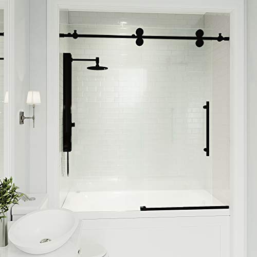 Matte Black Frameless Sliding Rectangle Tub Door with Clear Tempered Glass and Stainless Steel Hardware Q92163
