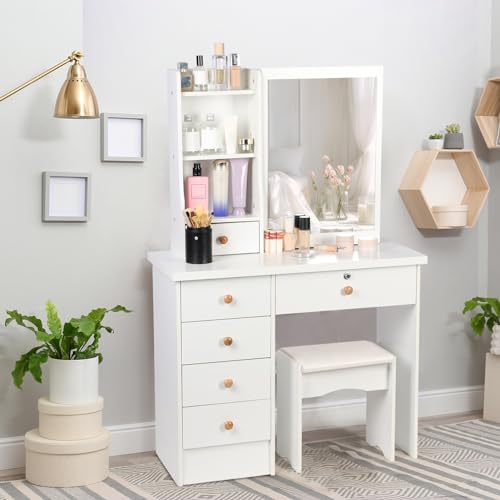 White Makeup Vanity Desk with Mirror and Storage Drawer J8382