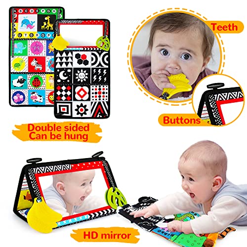 Tummy Time Mirror with Soft Crinkle 3D Cloth Book and Teethers Toys, Black and White Sensory Toys P17668