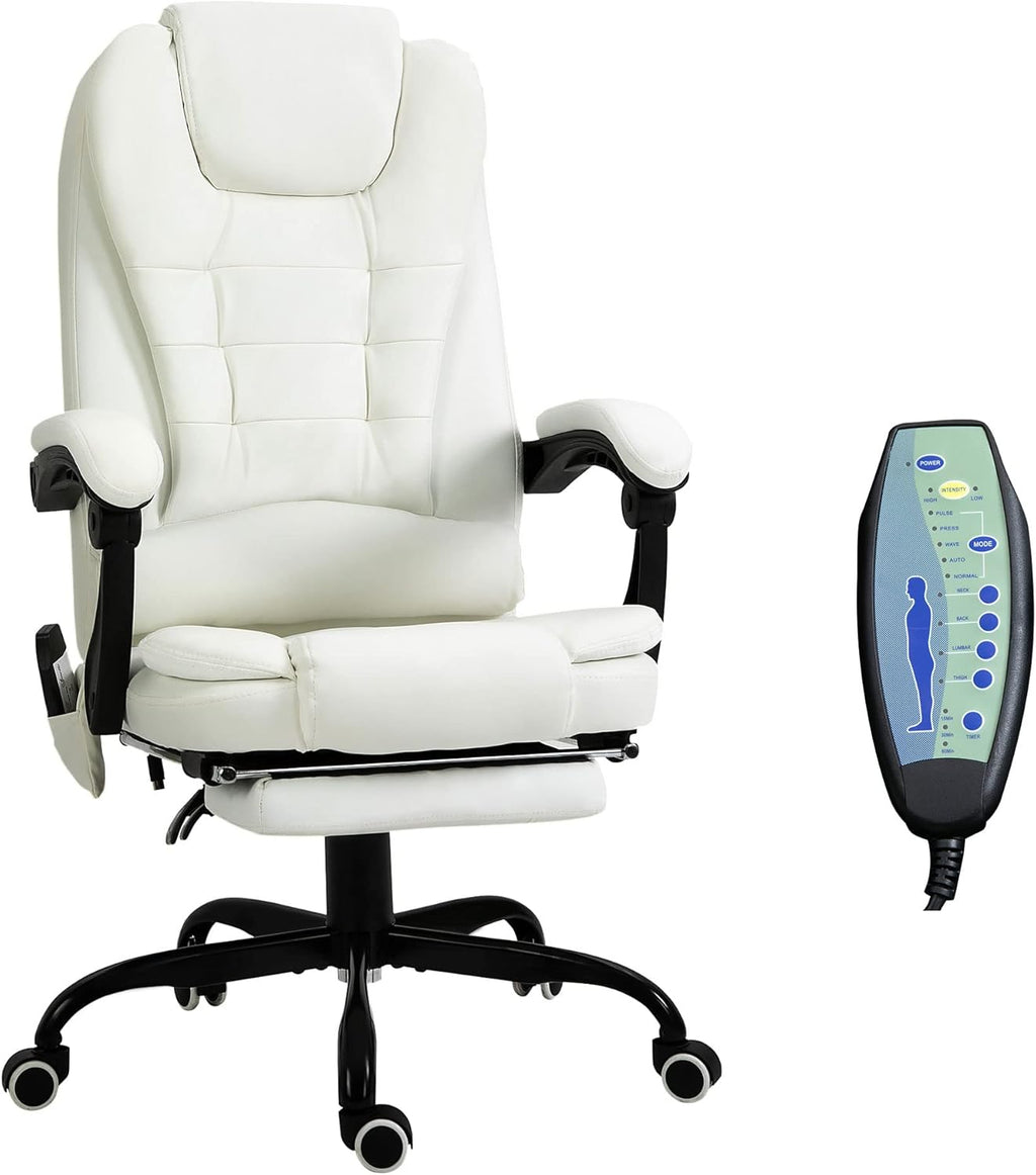 White PU Leather High Back Reclining Office Chair with Massage Foot Rest Heated X1476