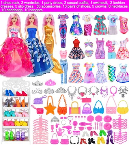105 Pcs Doll and Closet Playset Wardrobe Set Including One Doll Wardrobe Shoes Rack Dress Shoes Hangers Necklace D719