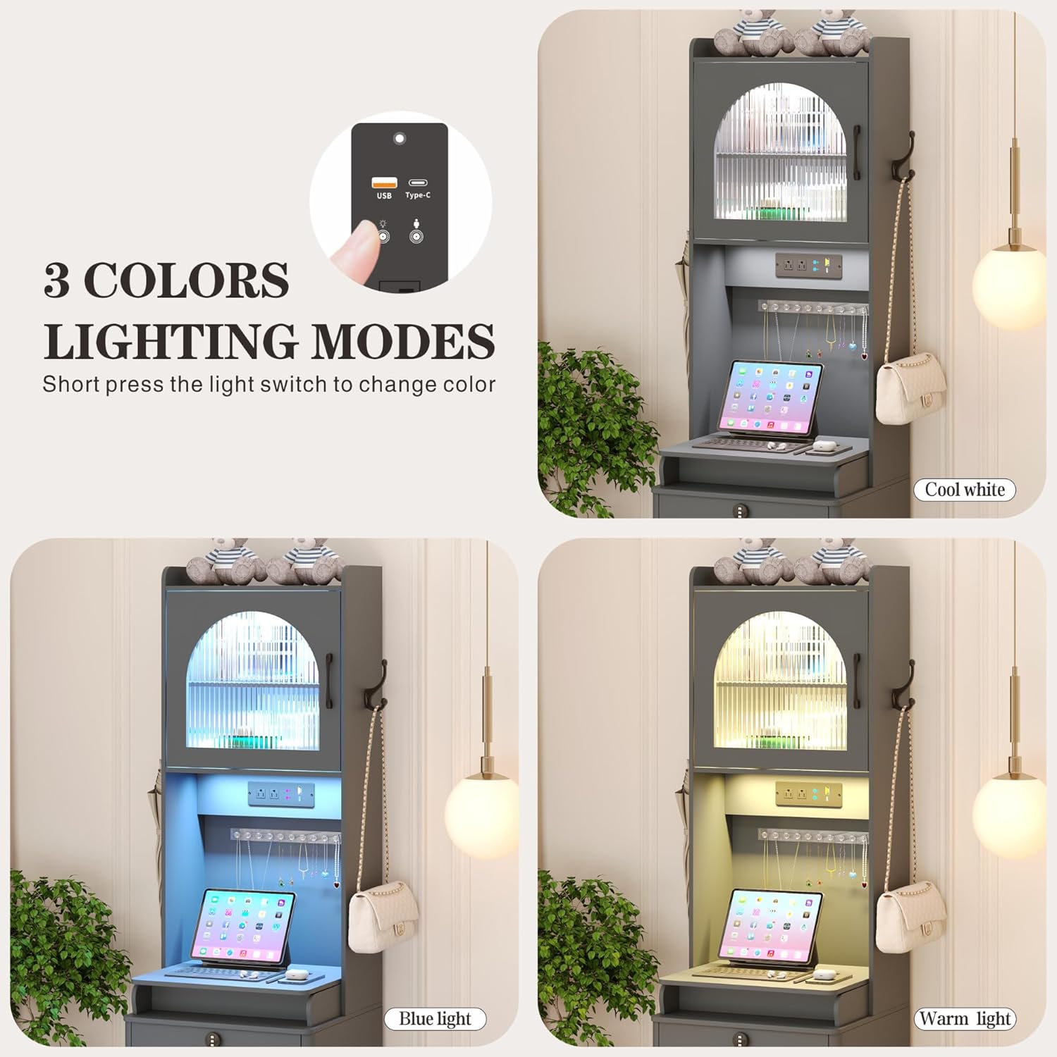 Grey Vanity Desk with Mirror and Lights and Drawers O8286