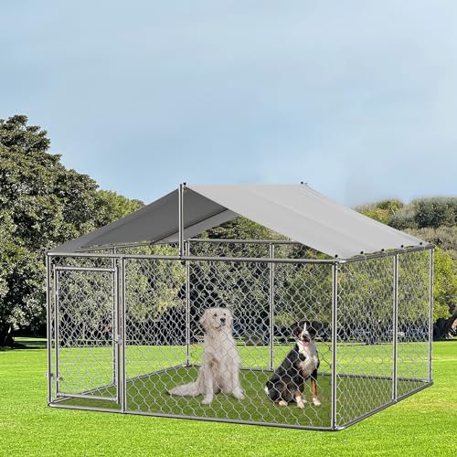 Large Galvanized Steel Chain Link Dog Kennel Pen with Roof, 90 x 90 x 65 Inch M546605
