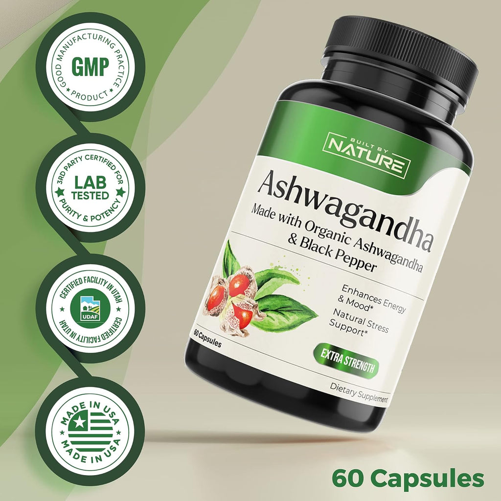 Pure Organic Ashwagandha Powder Supplement, 60 Vegan Capsules W40337