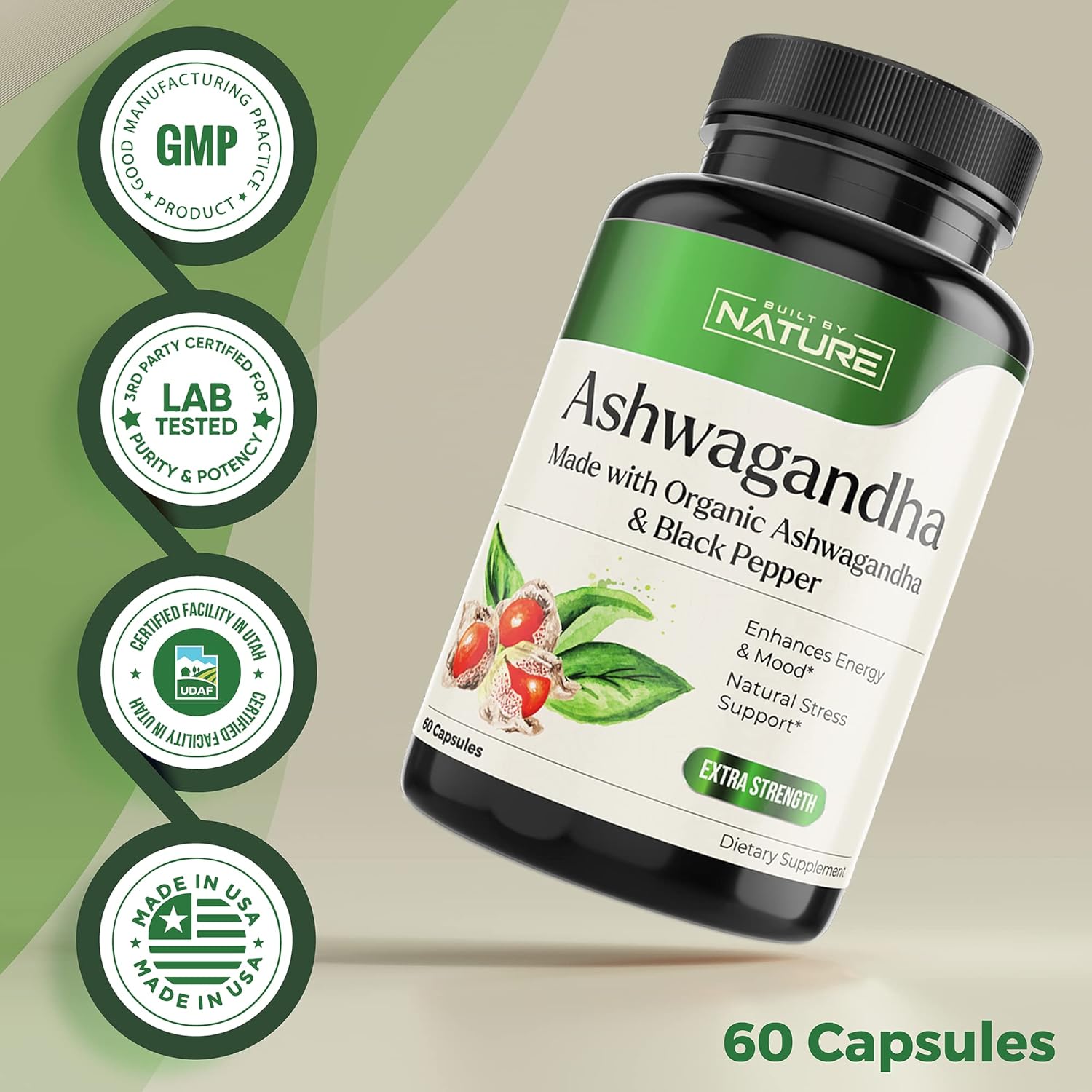 Pure Organic Ashwagandha Powder Supplement, 60 Vegan Capsules W40337