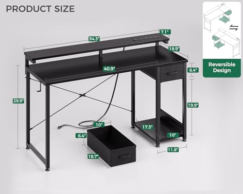 Black 40 Inch Computer Desk with LED Lights, Power Outlet, Drawer, Monitor Stand, Headphone Hook E557