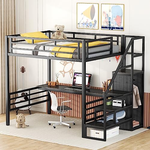 Full Size Metal Loft Bed with Desk and Storage Stairs Y425