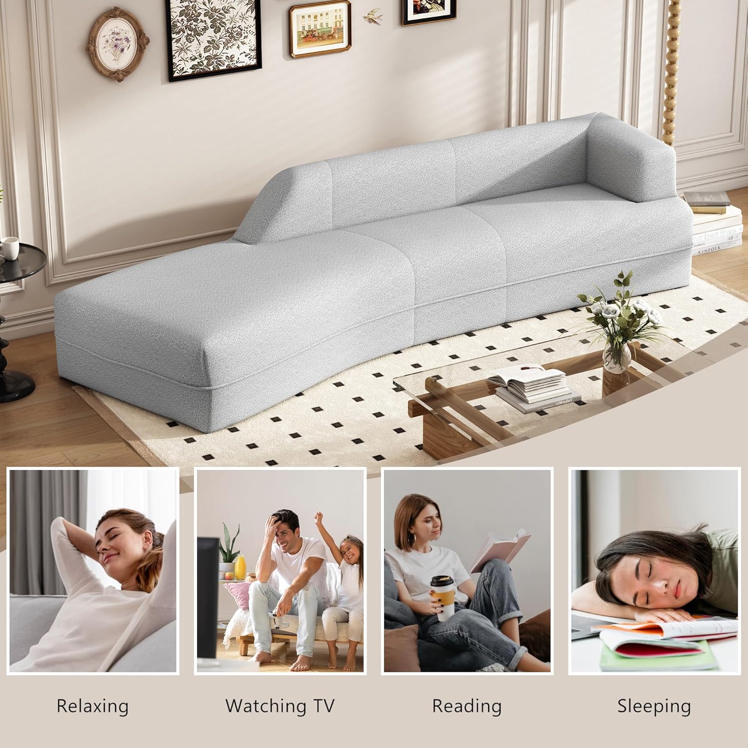 Gray Boucle Curved Sofa with Chaise Lounge A364571