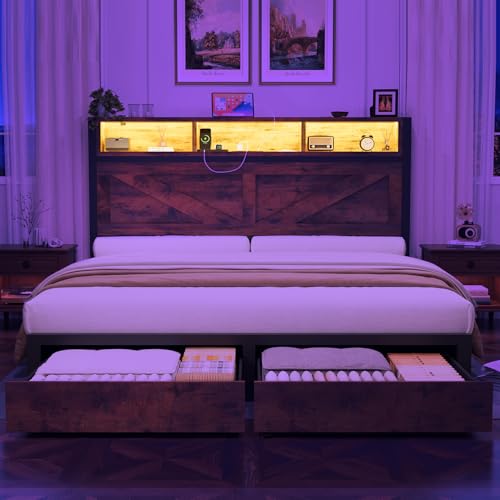 Brown Full Bed Frame with Bookcase Storage Headboard and 2 Storage Drawers Q581