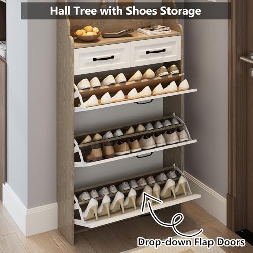 Rustic White Wooden Hall Tree with 5 Coat Hooks and 2 Shoes Cabinets G727545