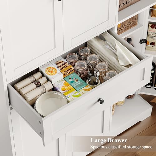 White Tall Kitchen Pantry Storage Cabinet with Doors and Shelves and Drawer H490315