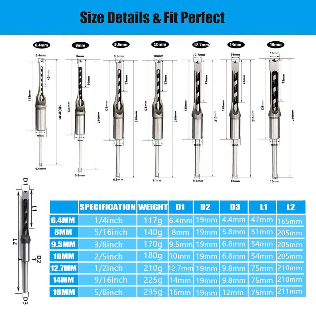 Woodworking Square Hole Mortising Chisel Drill Bits Set B89724