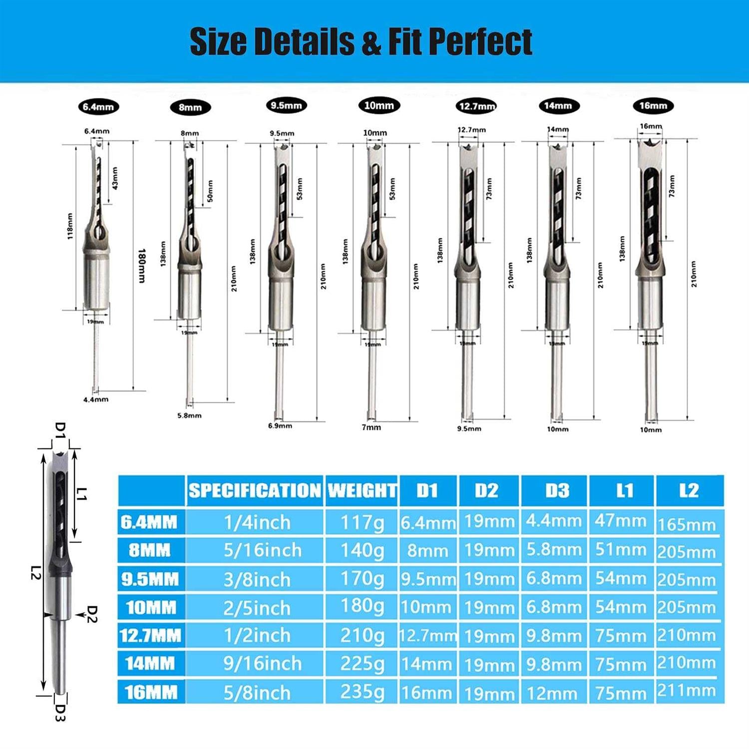 Woodworking Square Hole Mortising Chisel Drill Bits Set B89724