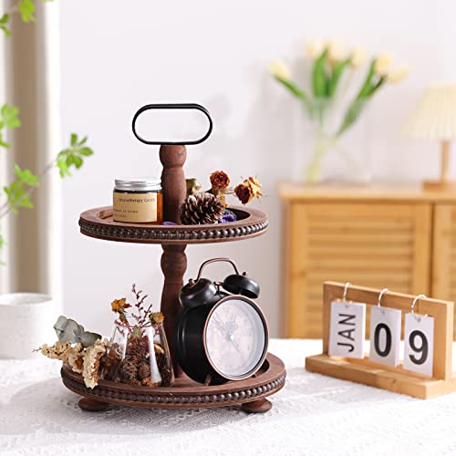 Dark Brown Wooden Two Tiered Serving Tray with Metal Handle S764