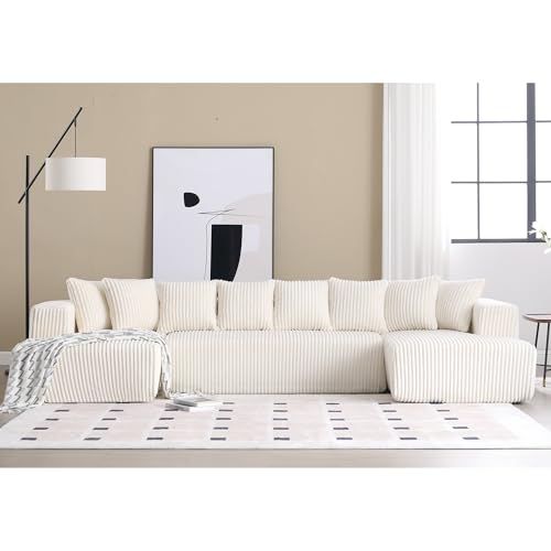 White Striped Corduroy Upholstered 4 Seater Modular Sectional Sofa N1464