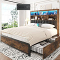 Rustic Grey Queen Bed Frame with Headboard, 4 Storage Drawers, Charging Station, LED N759