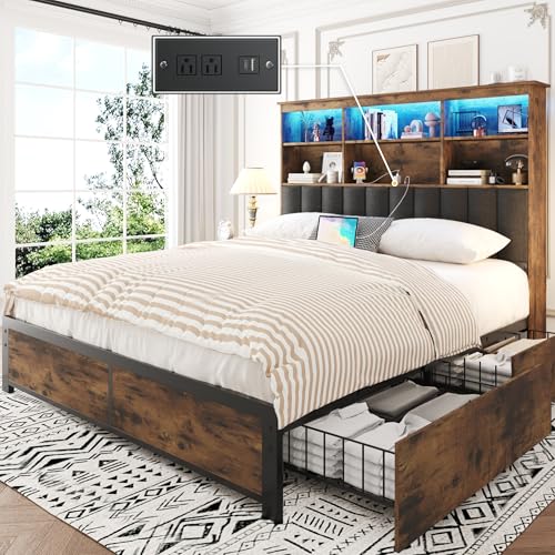 Rustic Grey Queen Bed Frame with Headboard, 4 Storage Drawers, Charging Station, LED N759