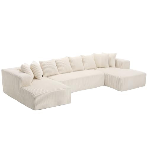 White Striped Corduroy Upholstered 4 Seater Modular Sectional Sofa N1464