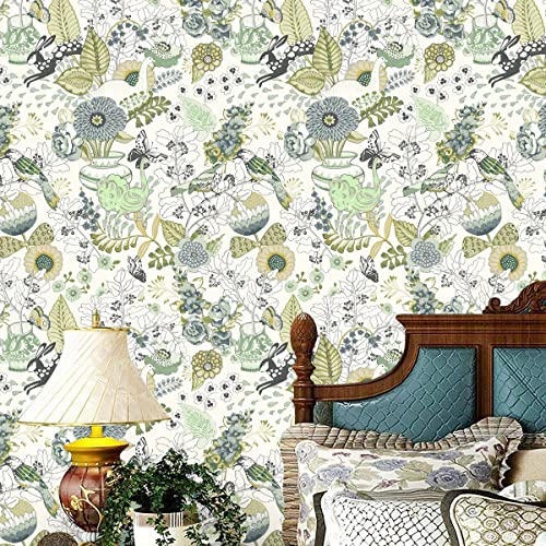 Green Floral Peel and Stick Wallpaper 17.7inch × 118.1inch C31567