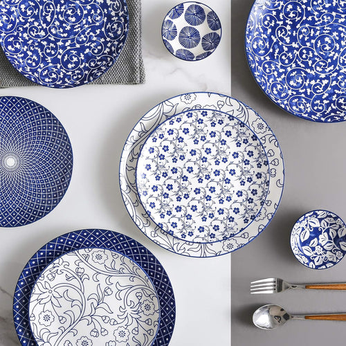 10 inch Porcelain Dinner Plates 16-Pieces Dinnerware Set Vintage Blue O902116