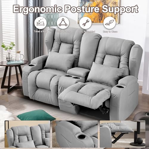 Beige Manual Reclining Loveseat Sofa with Console and Cup Holders M1182