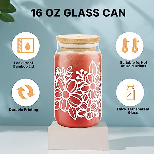 4 Pack 16oz Glass Cups with Bamboo Lids Straws D5323