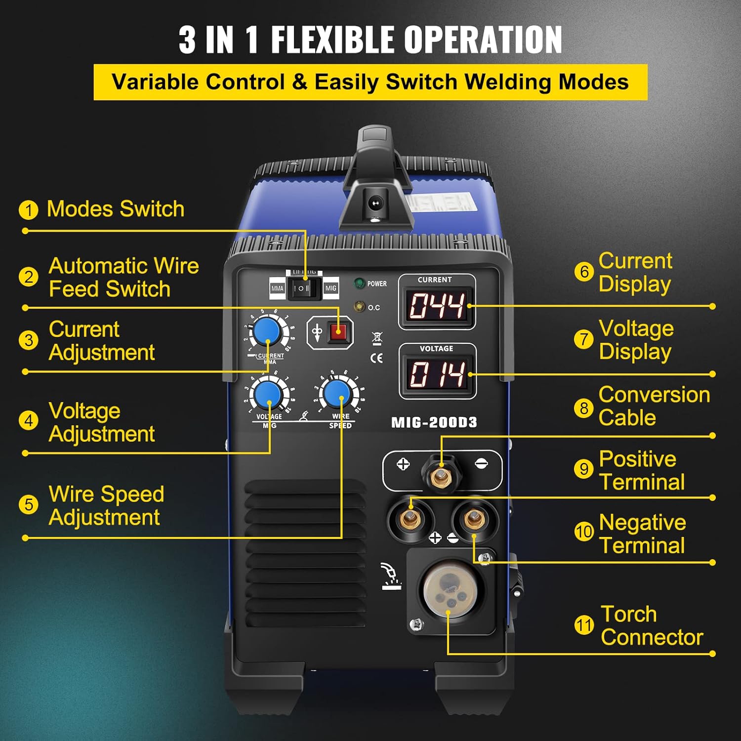200 Amp 3 in 1 MIG TIG Arc Welding Machine with IGBT Inverter and Digital Display T920050
