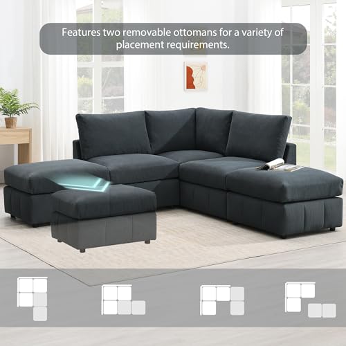 Dark Grey Corduroy 5-Seat L Sectional Sofa with 2 Ottomans O11454