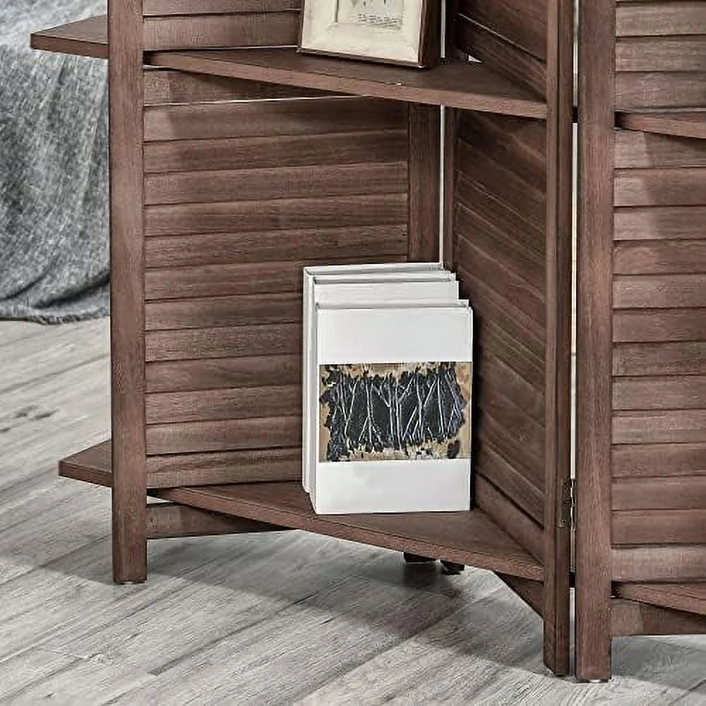 4-Panel Folding Room Divider 5.6 Ft Freestanding Paulownia Wood Privacy Screen Panel with Shelves Walnut P679
