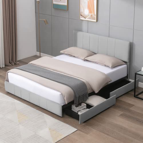 Full Bed Frame with 4 Storage Drawers, Upholstered Storage Bed Platform with Adjustable Headboard, Velvet Fabric (Beige) T643