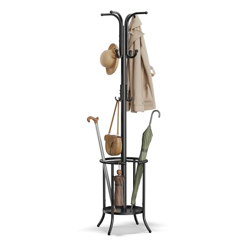 Ink Black Metal Coat Rack with 12 Hooks and Umbrella Holder Z9355