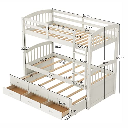 Twin Over Twin Bunk Bed with Storage Drawers and Trundle, Solid Wood (White) P60402