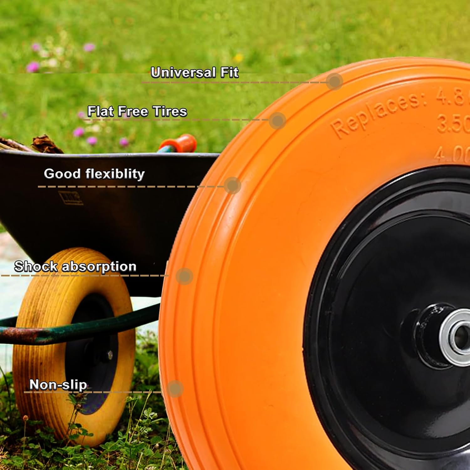 Flat Free Solid Wheelbarrow Tire with 3/4 & 5/8 Wheel Bearing 3" Hub V146074