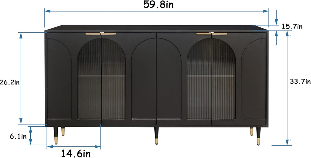 Black Lacquered Wood Buffet Cabinet with 4 Fluted Glass Doors and Metal Legs N3275