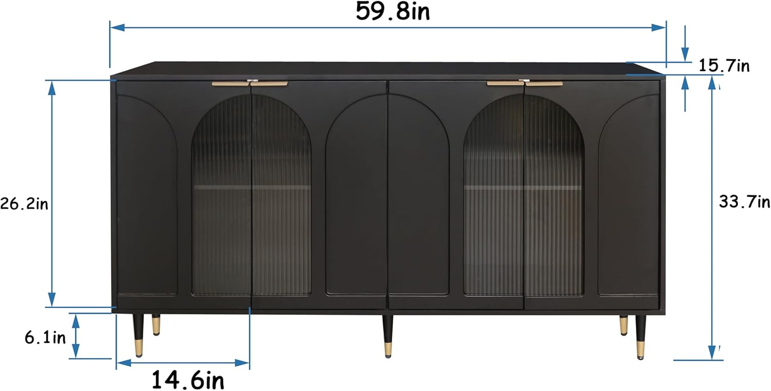 Black Lacquered Wood Buffet Cabinet with 4 Fluted Glass Doors and Metal Legs N3275