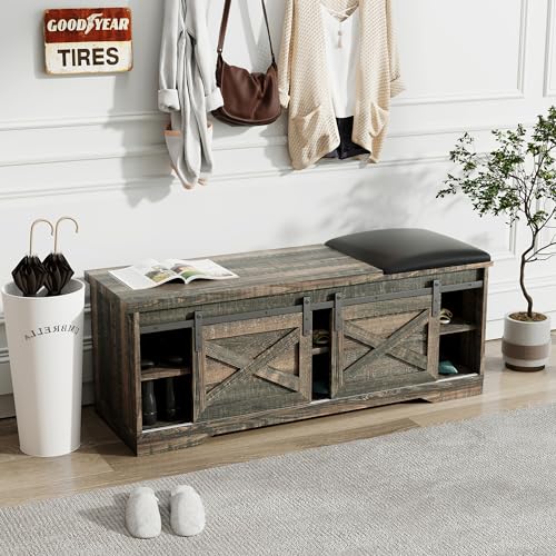 Antique Gray 2-Tier Shoe Bench with Storage and Padded Cushion C849079