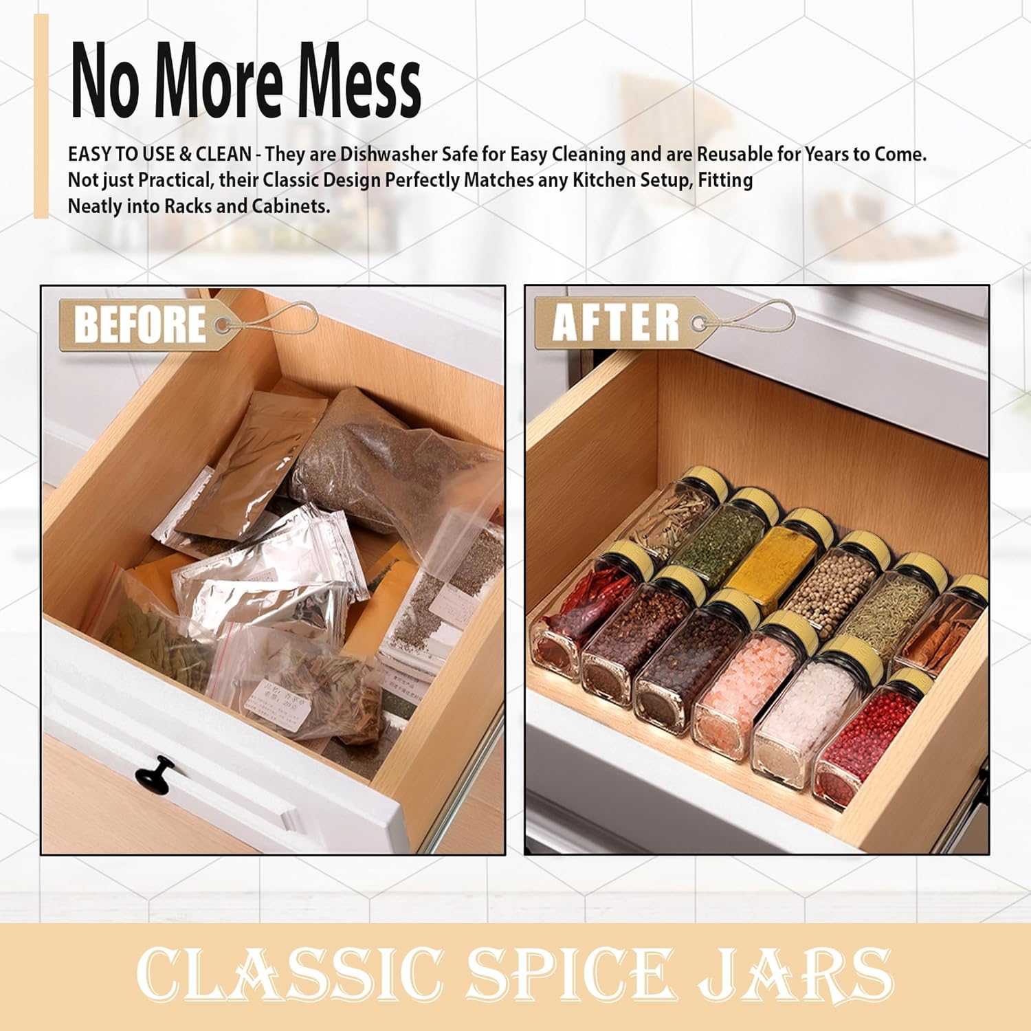 2 Pack 4 oz Clear Square Glass Spice Jars with Bamboo Airtight Lids and Shaker Lids V869
