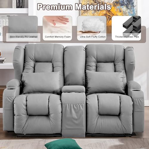 Beige Manual Reclining Loveseat Sofa with Console and Cup Holders M1182
