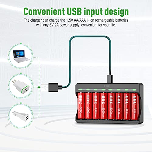 8 Pack Rechargeable AA Lithium Batteries 1.5V 3000mWh with Charger F67343