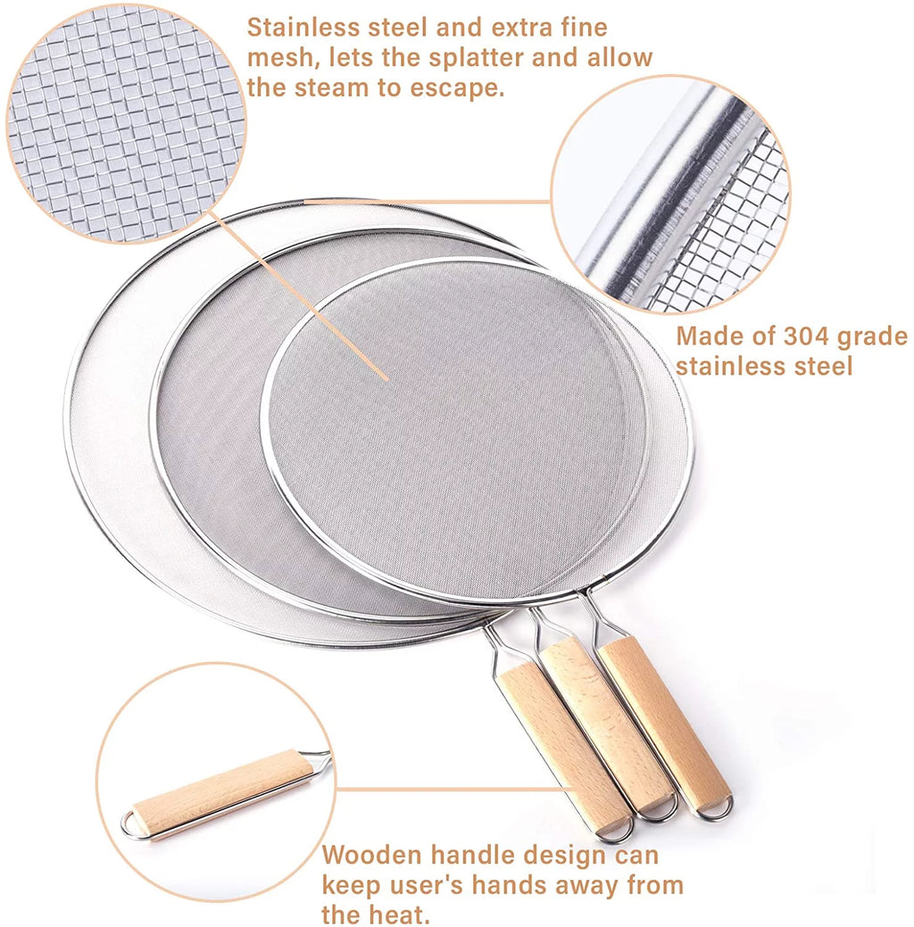 3 Pieces Stainless Steel Grease Splatter Screen Set of 9.8", 11.5" and 13" inch I5679