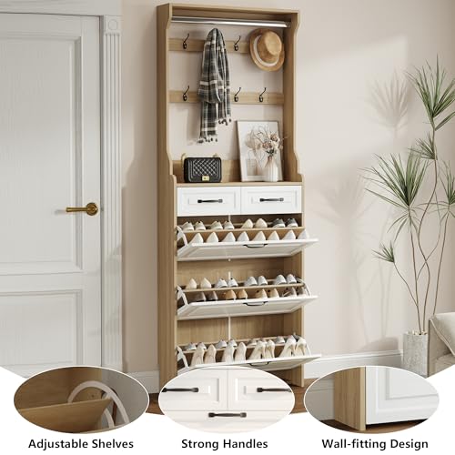 Rustic White Wooden Hall Tree with 5 Coat Hooks and 2 Shoes Cabinets G727545