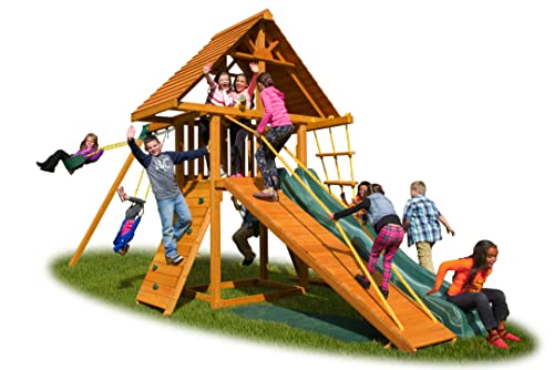 Solid Cedar Wood Swing Set with Clubhouse, Rock Wall, Wave Slide, Monkey Bars, Picnic Table, Swings H61285