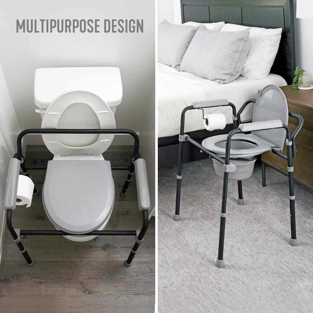 Extra Wide 3-in-1 Adjustable Toilet Safety Rail Shower Chair Portable Toilet with Removable Bucket H43769