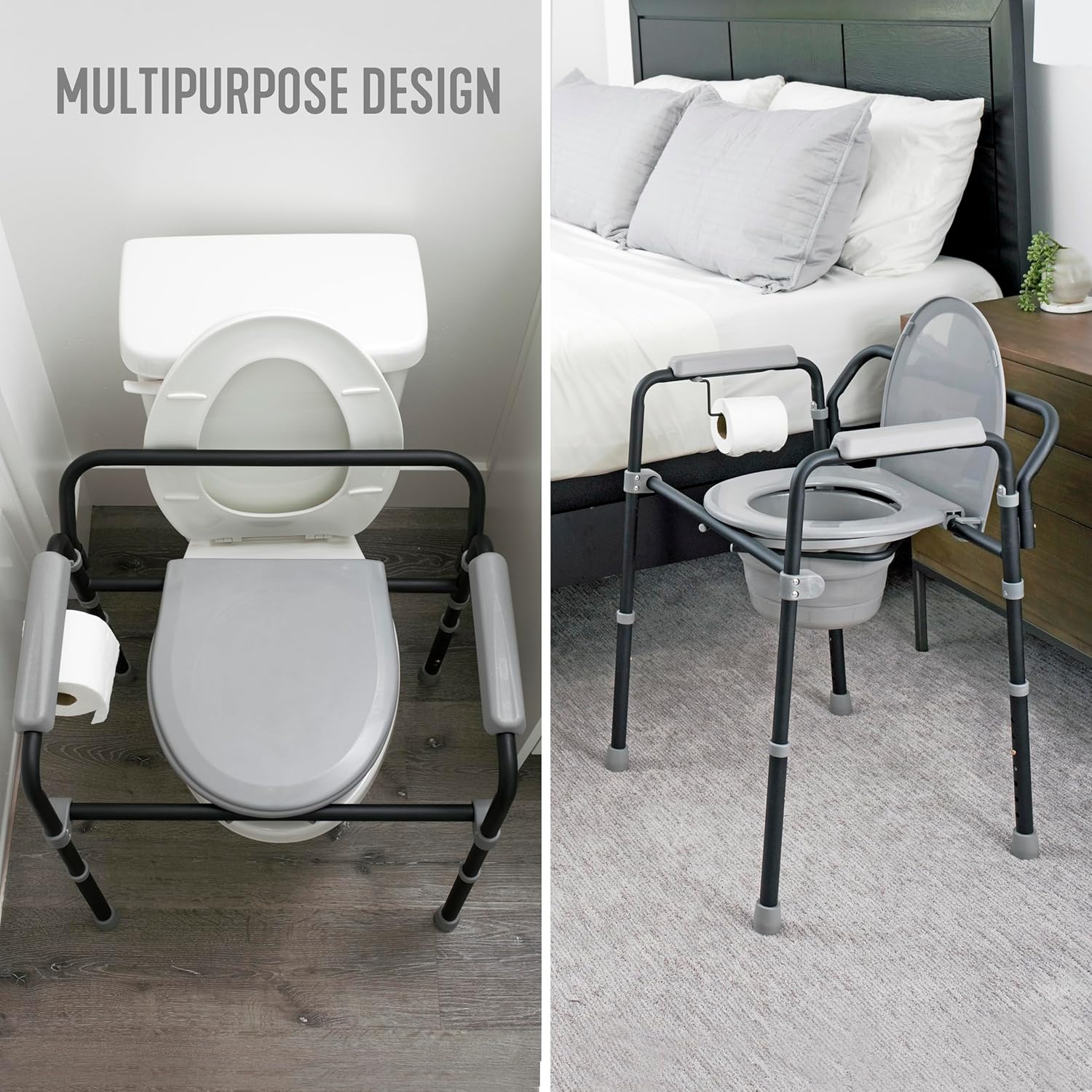 Extra Wide 3-in-1 Adjustable Toilet Safety Rail Shower Chair Portable Toilet with Removable Bucket H43769