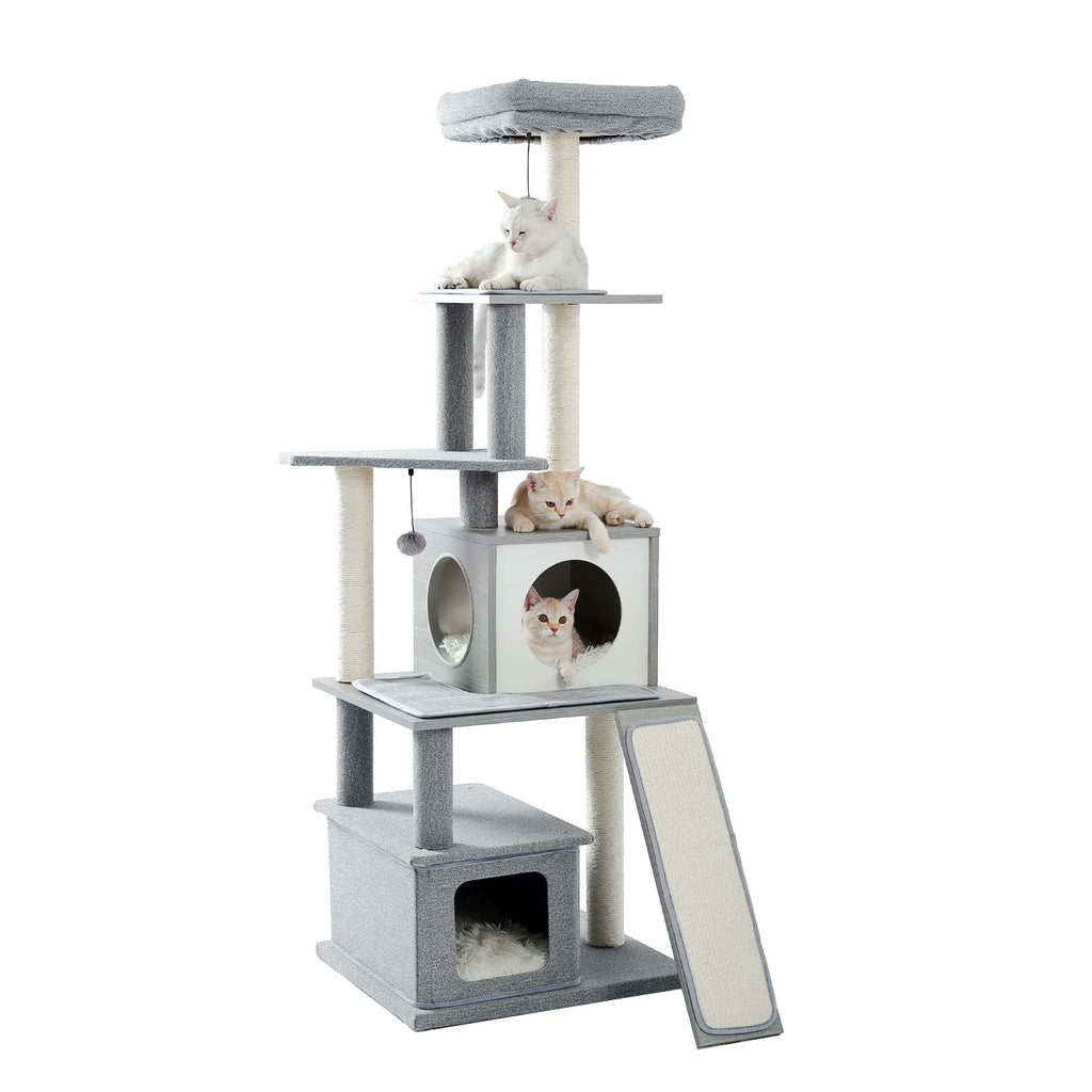 Grey Wood Cat Tree with Sisal Scratching Post Q900165