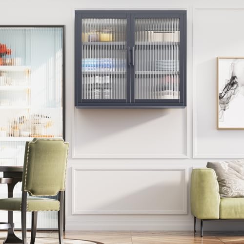 White Double Glass Door Wall Cabinet with Detachable Shelves U5189